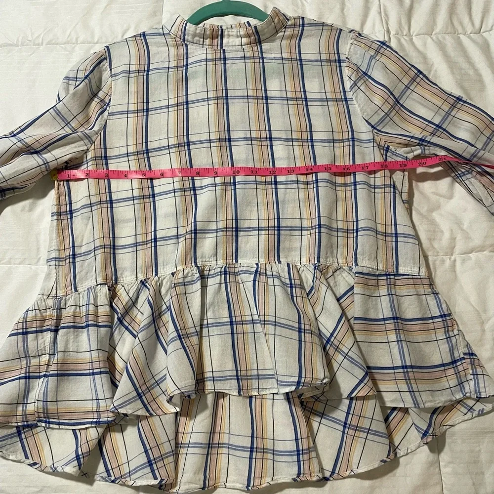 ANTHROPOLOGIE Maeve Plaid Ruffle Blouse Top Long Sleeve High Low Hem SZ 10 EUC - Picture 10 of 10